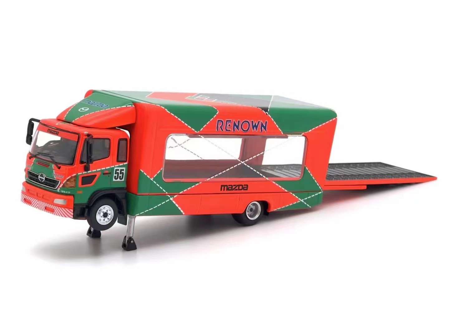 UNIQUE MODEL 1/64 HINO RANGER 500 OUTRIGGERS RAISED TRUCK - ORANGE GREEN_1