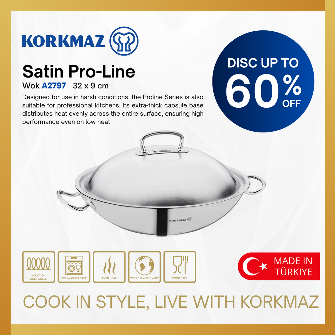 KORKMAZ PRO-LINE SATIN WOK 32 x 9 cm / 5.2 Lt NON-STICK PREMIUM COOKING WARE, SUITABLE FOR INDUCTION KITCHENWARE