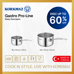 KORKMAZ GASTRO PROLINE DEEP SAUCEPAN HIGH QUALITY STAINLESS STEEL COOKWARE, SUITABLE FOR INDUCTION