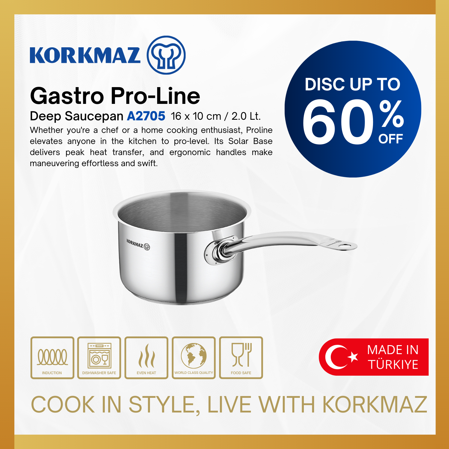 KORKMAZ GASTRO PROLINE DEEP SAUCEPAN HIGH QUALITY STAINLESS STEEL COOKWARE, SUITABLE FOR INDUCTION_4