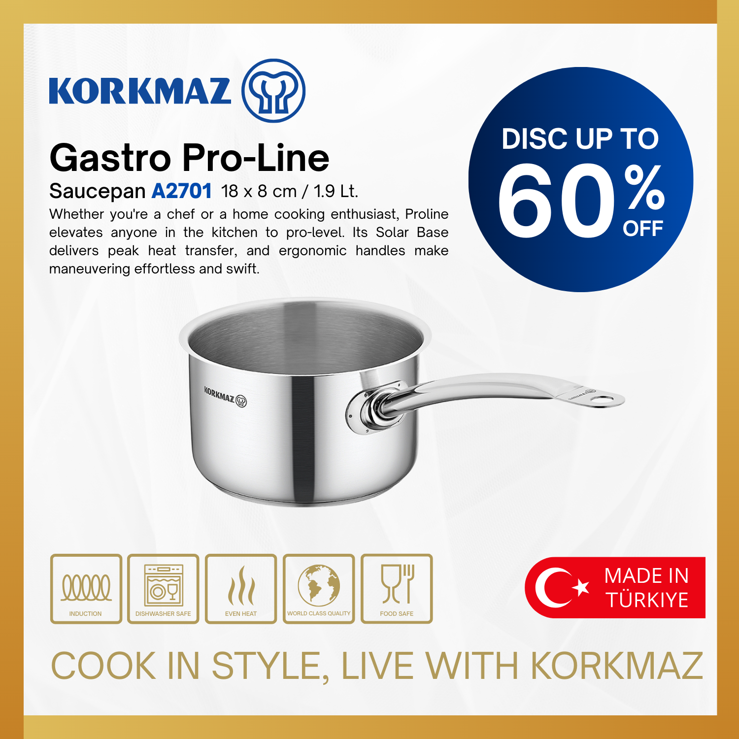 PANCI KORKMAZ GASTRO PROLINE SAUCEPAN PREMIUM NON STICK STAINLESS STEEL COOKWARE, SUITABLE FOR INDUCTION_5