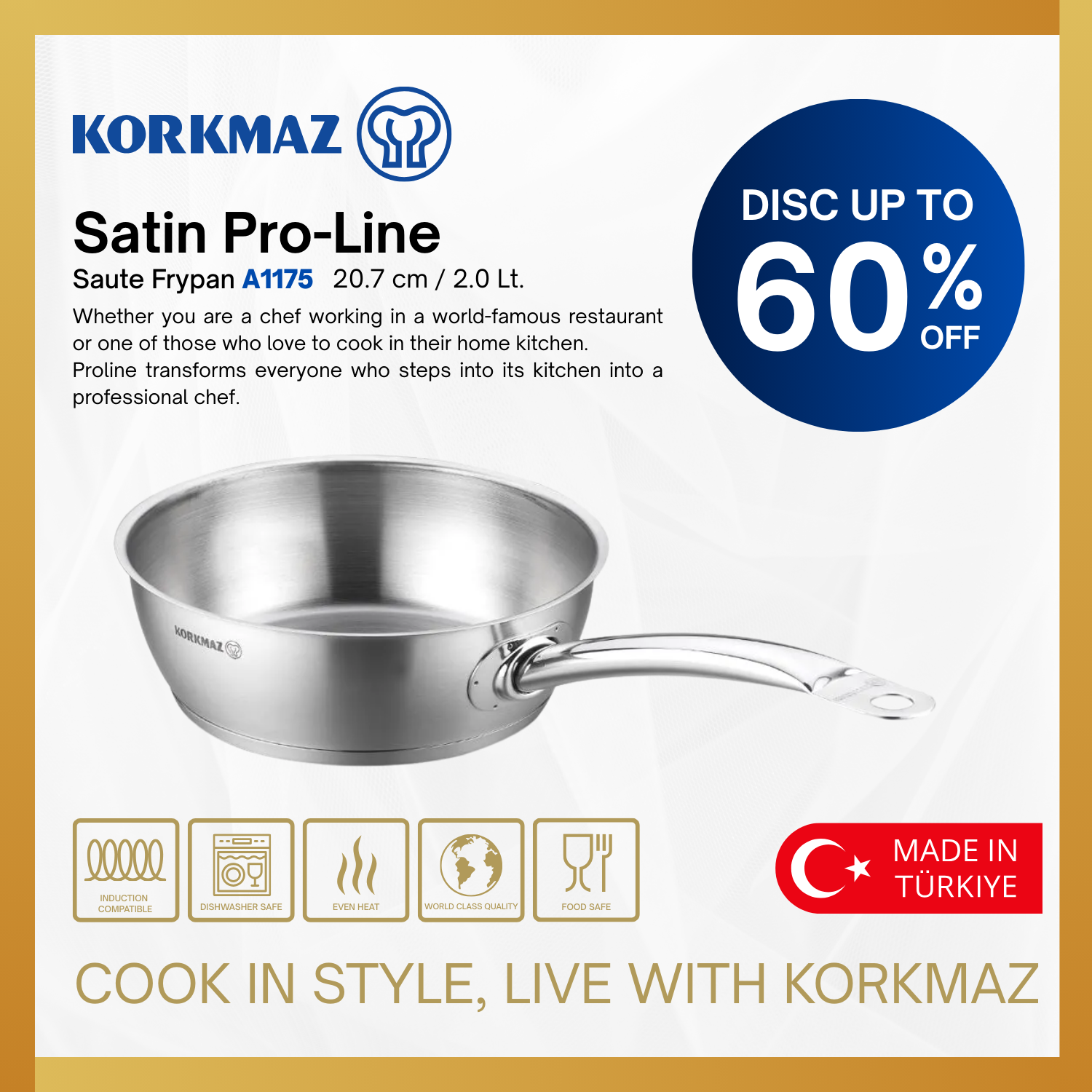 WAJAN KORKMAZ PRO-LINE SAUTE FRYPAN 20 x 7 cm / 2.0 Lt. NON-STICK PREMIUM COOKING WARE, SUITABLE FOR INDUCTION KITCHENWARE_0