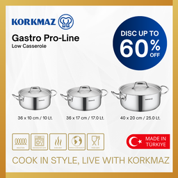 PANCI KORKMAZ GASTRO PROLINE LOW CASSEROLE PREMIUM STAINLESS STEEL COOKWARE NON STICK, SUITABLE FOR INDUCTION