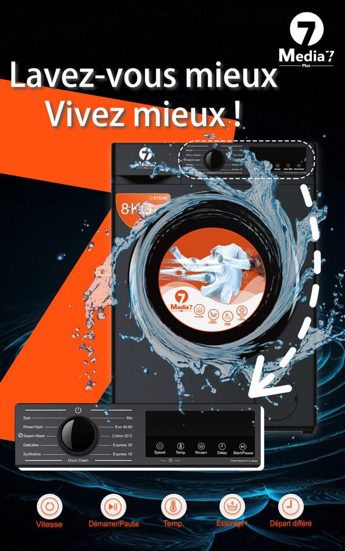 Machine à Laver Automatique Media7plus – 8 kg (Noir & Blanc)_1