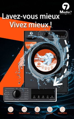 Machine à Laver Automatique Media7plus – 8 kg (Noir & Blanc)