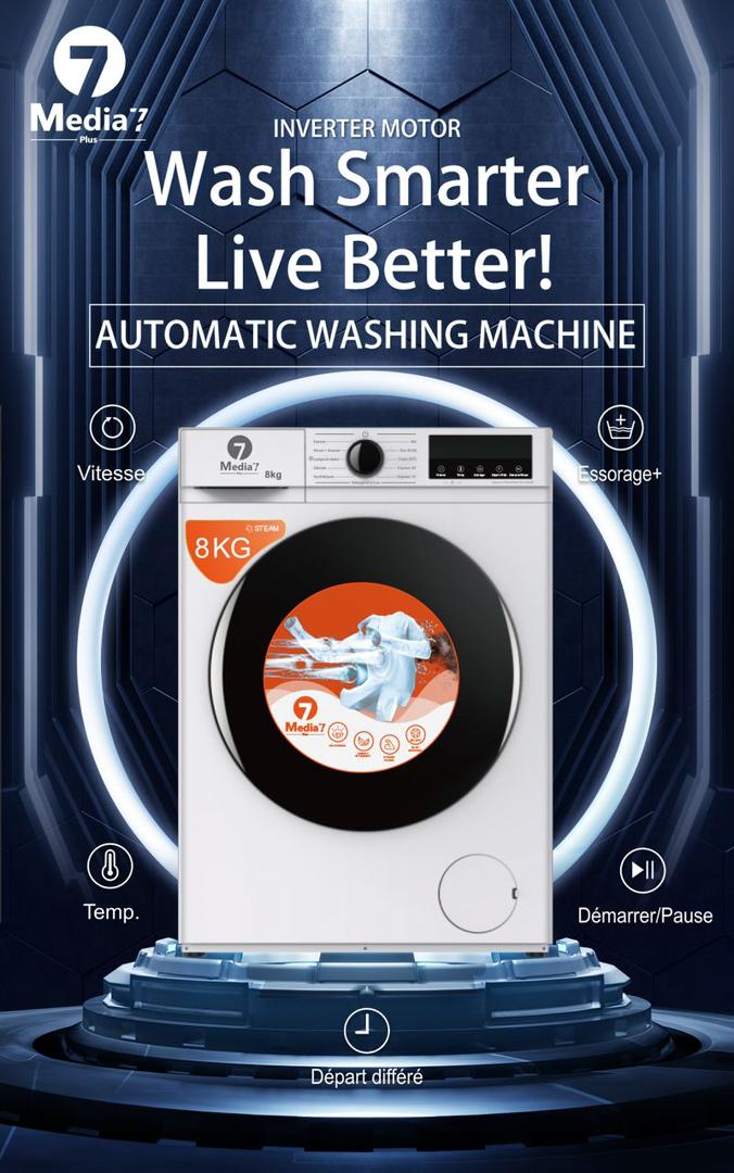 Machine à Laver Automatique Media7plus – 8 kg (Noir & Blanc)_3