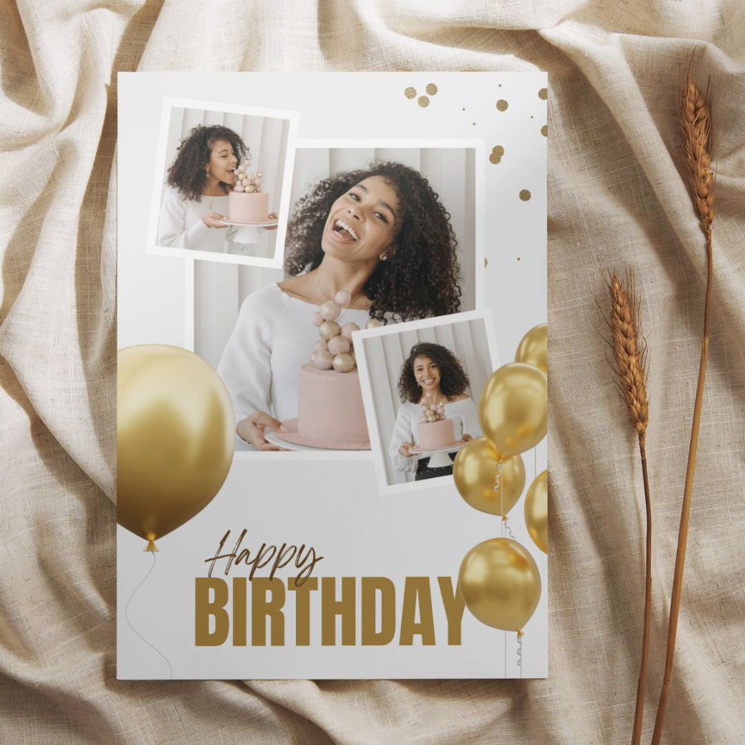 Gold and White Three Photo Birthday Card