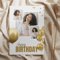 Gold and White Three Photo Birthday Card