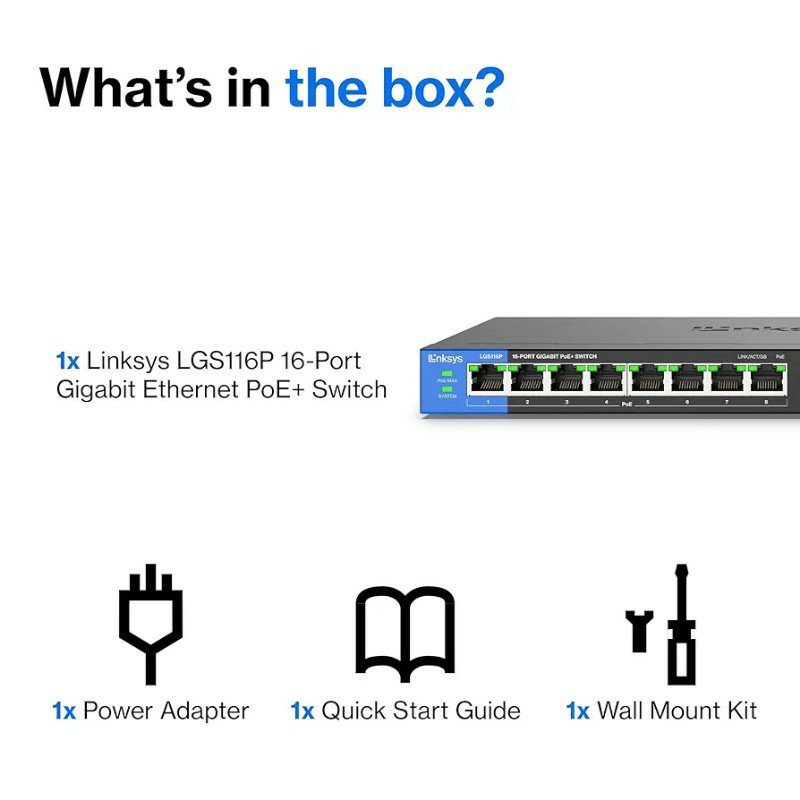 Linksys LGS116P 16 Port Gigabit Unmanaged Network PoE Switch with 8 PoE+ Ports @ 80W - Ideal for Business, Home, Office, IP Surveillance - Ethernet Switch Hub with Metal Housing, Desktop / Wall Mount_4