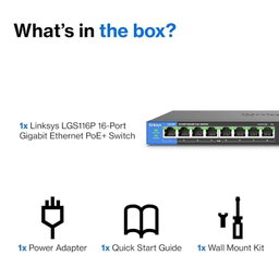 Linksys LGS116P 16 Port Gigabit Unmanaged Network PoE Switch with 8 PoE+ Ports @ 80W - Ideal for Business, Home, Office, IP Surveillance - Ethernet Switch Hub with Metal Housing, Desktop / Wall Mount