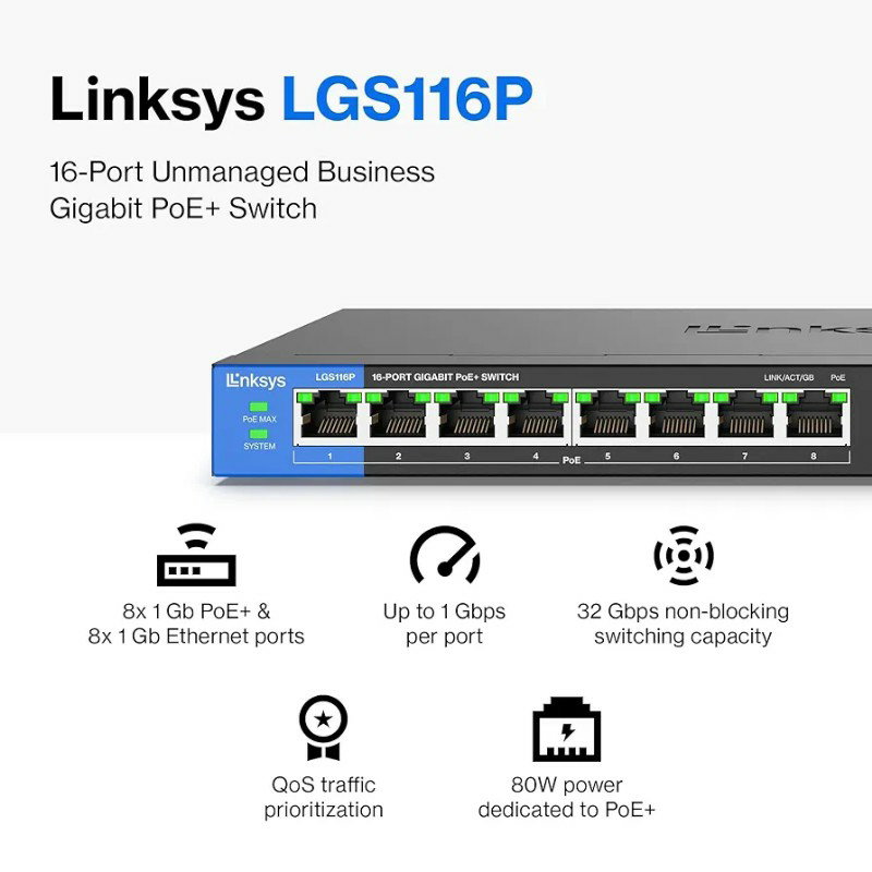 Linksys LGS116P 16 Port Gigabit Unmanaged Network PoE Switch with 8 PoE+ Ports @ 80W - Ideal for Business, Home, Office, IP Surveillance - Ethernet Switch Hub with Metal Housing, Desktop / Wall Mount_1