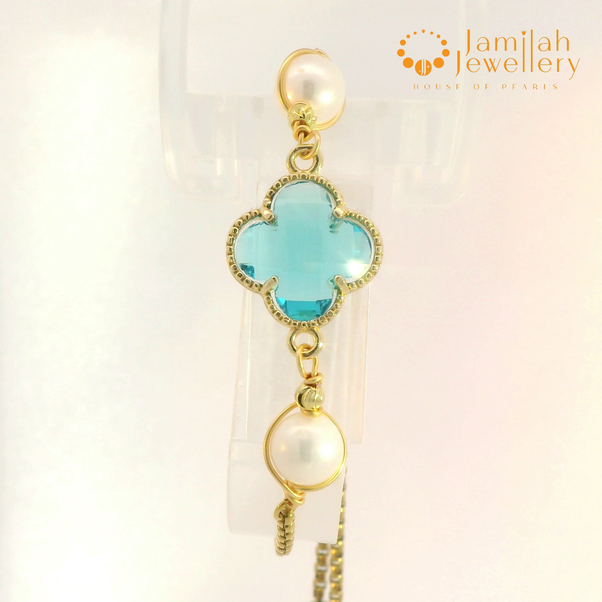  White Round Pearl & Turqoise color Cubic Zirconia Charm Bracelet – 18K Gold-Plated Stainless Steel_0