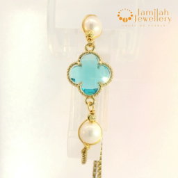  White Round Pearl & Turqoise color Cubic Zirconia Charm Bracelet – 18K Gold-Plated Stainless Steel