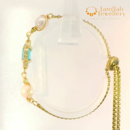  White Round Pearl & Turqoise color Cubic Zirconia Charm Bracelet – 18K Gold-Plated Stainless Steel