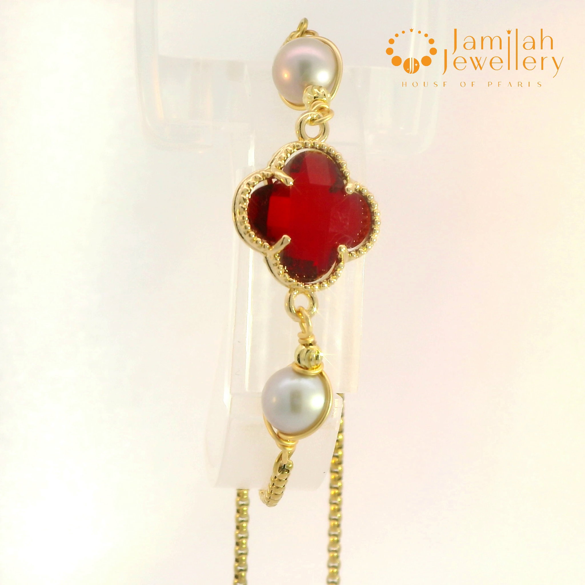 Soft Grey Round Pearl & Red Cubic Zirconia Charm Bracelet – 18K Gold-Plated Stainless Steel _0