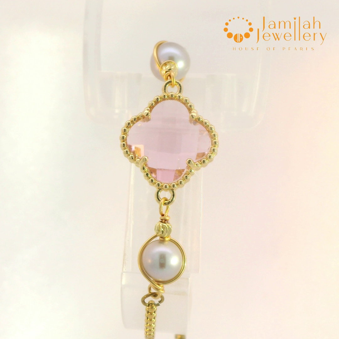 Soft Grey Round Pearl & Pink Cubic Zirconia Charm Bracelet – 18K Gold-Plated Stainless Steel