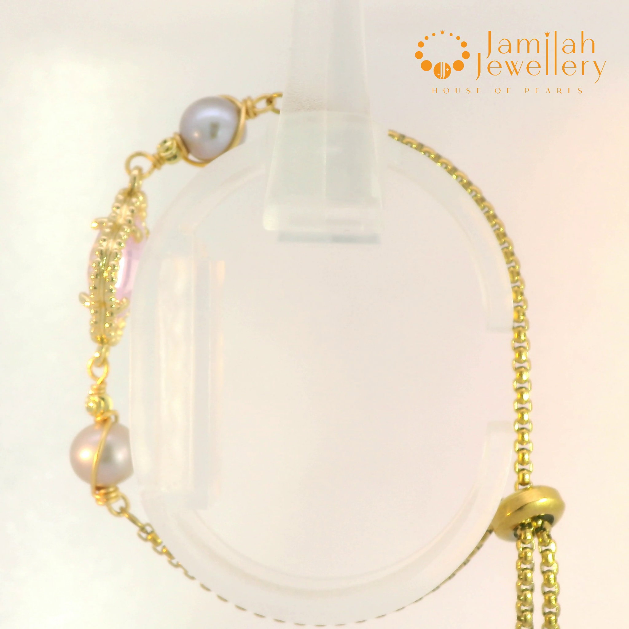 Soft Grey Round Pearl & Pink Cubic Zirconia Charm Bracelet – 18K Gold-Plated Stainless Steel  _1