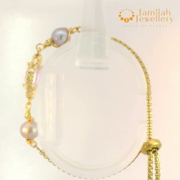 Soft Grey Round Pearl & Pink Cubic Zirconia Charm Bracelet – 18K Gold-Plated Stainless Steel  