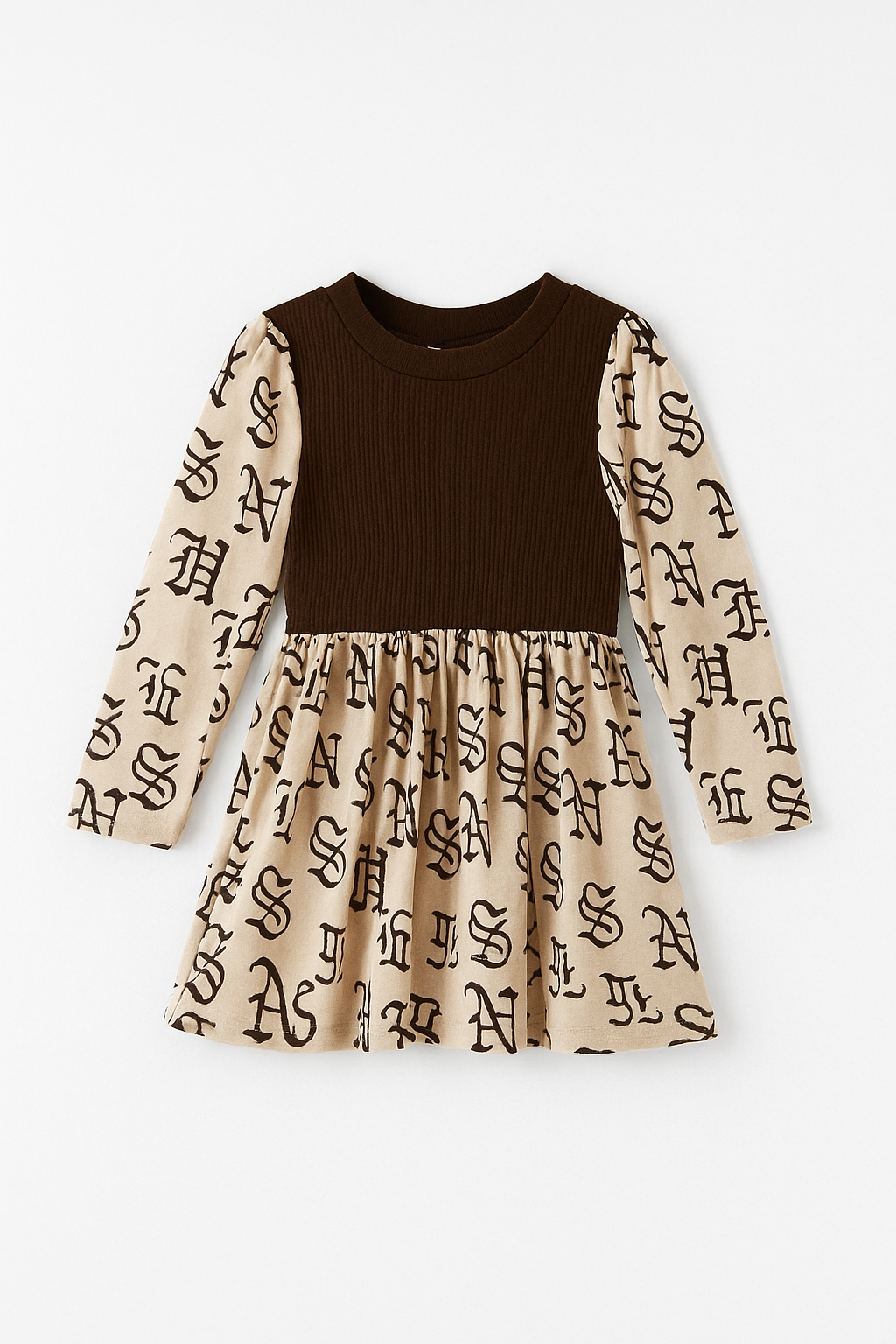 Girls’ Long-Sleeve Printed Dress – Brown & Beige (1–2 Years)_0