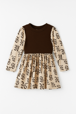 Girls’ Long-Sleeve Printed Dress – Brown & Beige (1–2 Years)