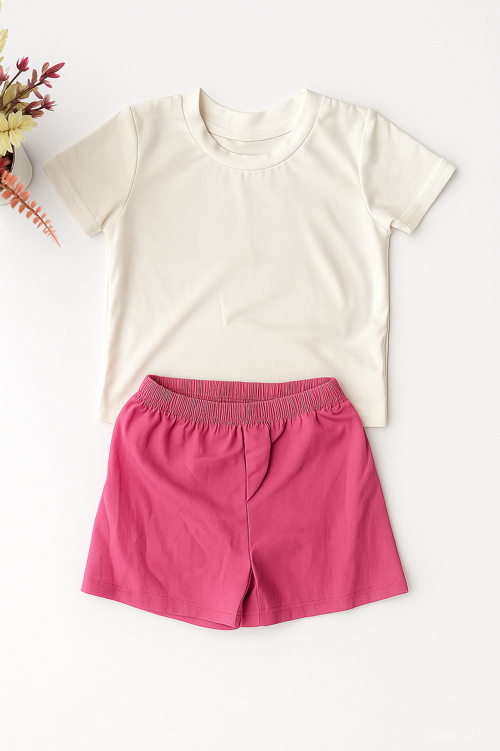 Kids’ 2-Piece Casual Set – Cream T-Shirt & Pink Shorts (Age 4–5 Years)_0