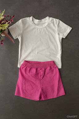 Kids’ 2-Piece Casual Set – Cream T-Shirt & Pink Shorts (Age 4–5 Years)