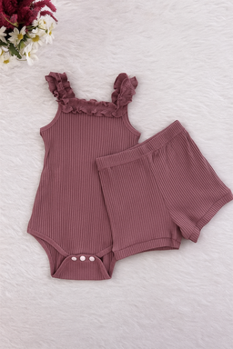 Ruffle Ribbed Romper & Shorts Set – Mauve (Age 2–3 Years)