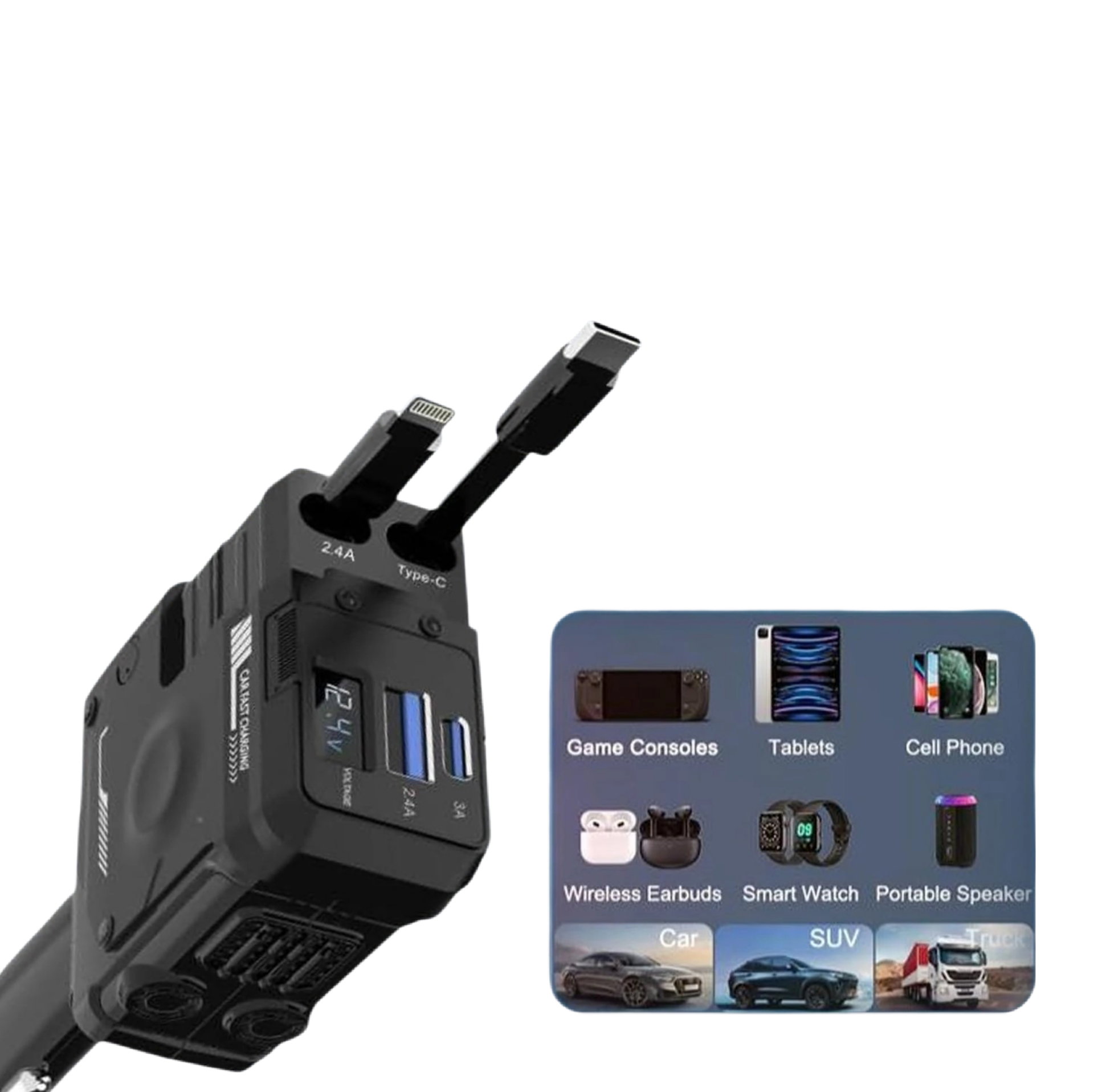 Chargeur Voiture Multifonction Rotatif 180° - NMC0006