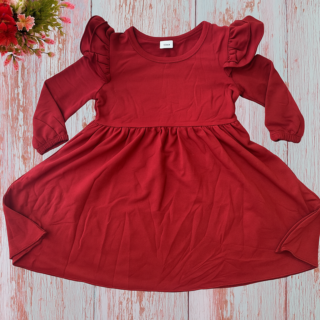 Elegant Wine Red Ruffle Long-Sleeve Dress – 2 to 3 Years_0