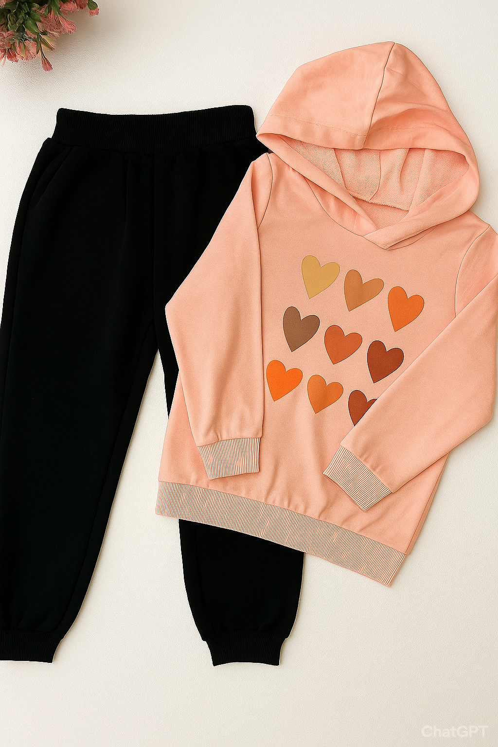 Peach Heart-Print Hoodie & Black Jogger Set – 4 to 5 Years