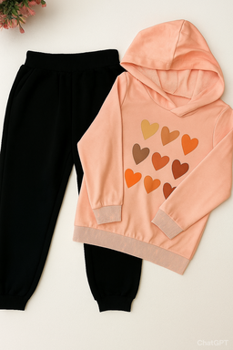 Peach Heart-Print Hoodie & Black Jogger Set – 4 to 5 Years