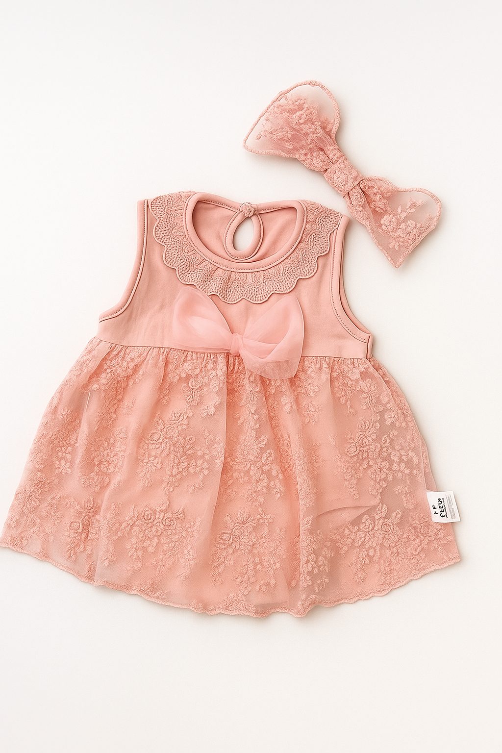 Elegant Peach Lace Baby Dress with Matching Headband (6–9 Months)