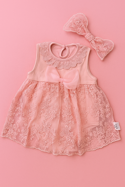 Elegant Peach Lace Baby Dress with Matching Headband (6–9 Months)
