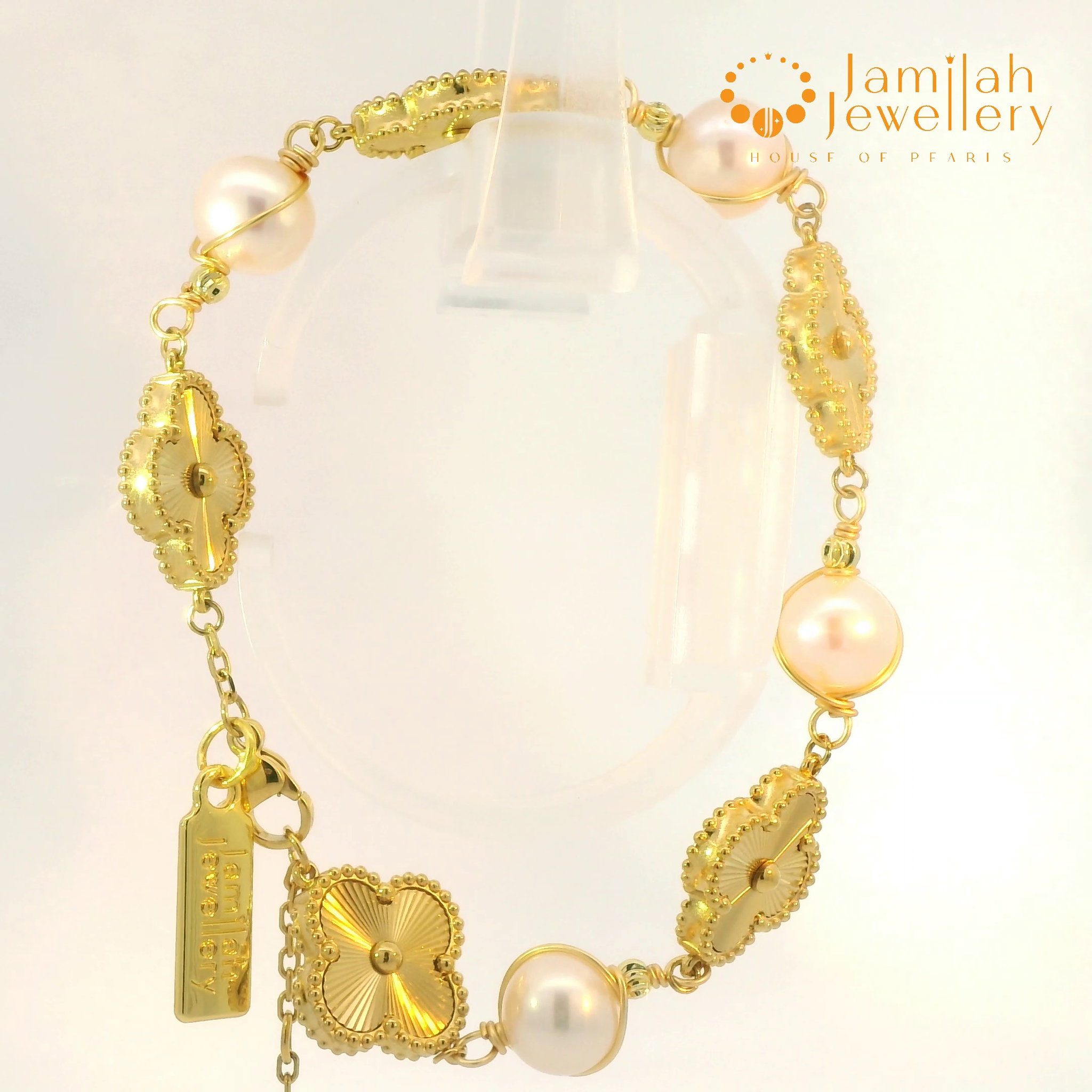18k Gold-Plated Stainless Steel Clover with White Pearl Bracelet_1