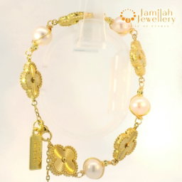 18k Gold-Plated Stainless Steel Clover with White Pearl Bracelet