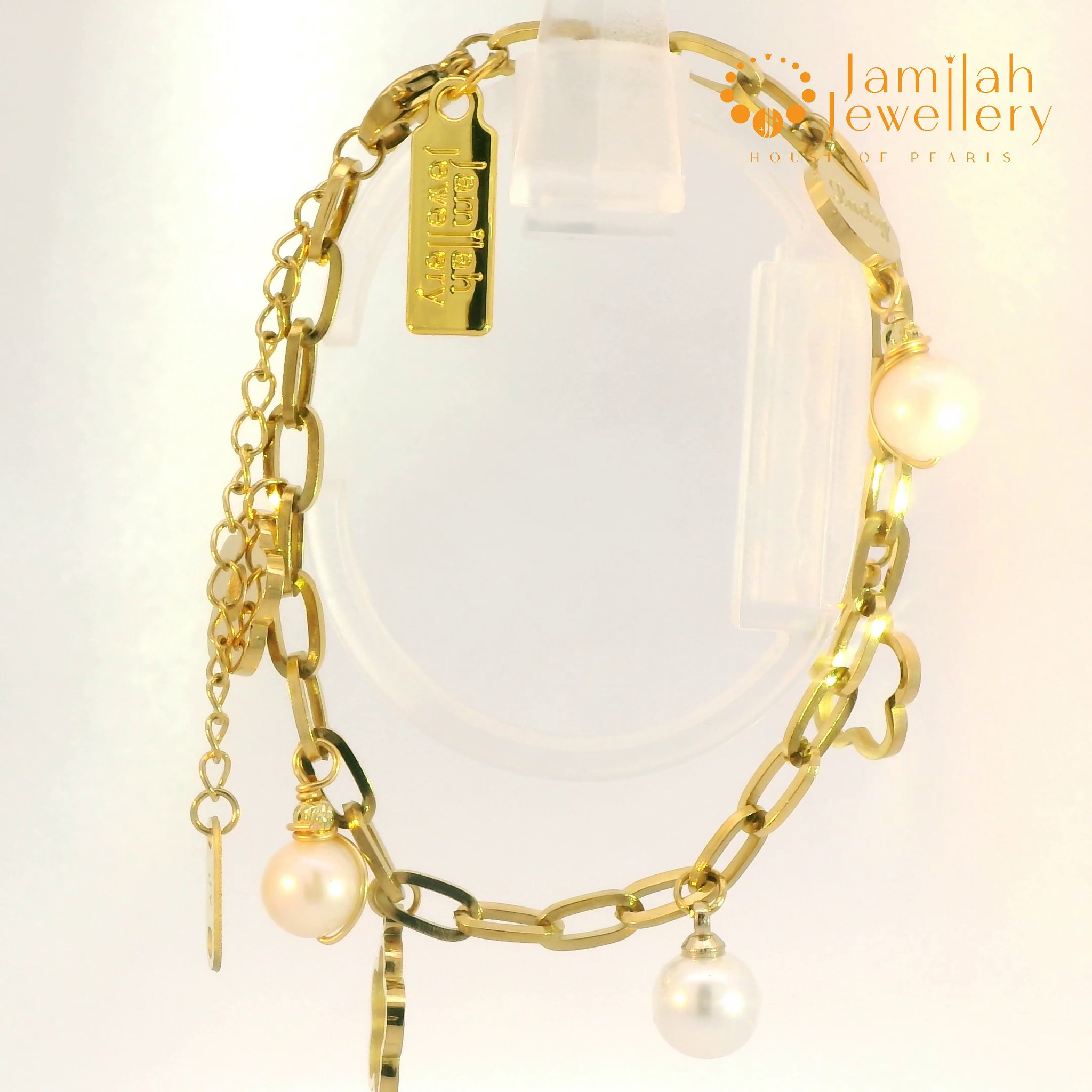 18k Gold Plated Stainless Steel Bracelet with White Pearl—Lucky Charm_1