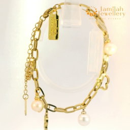 18k Gold Plated Stainless Steel Bracelet with White Pearl—Lucky Charm