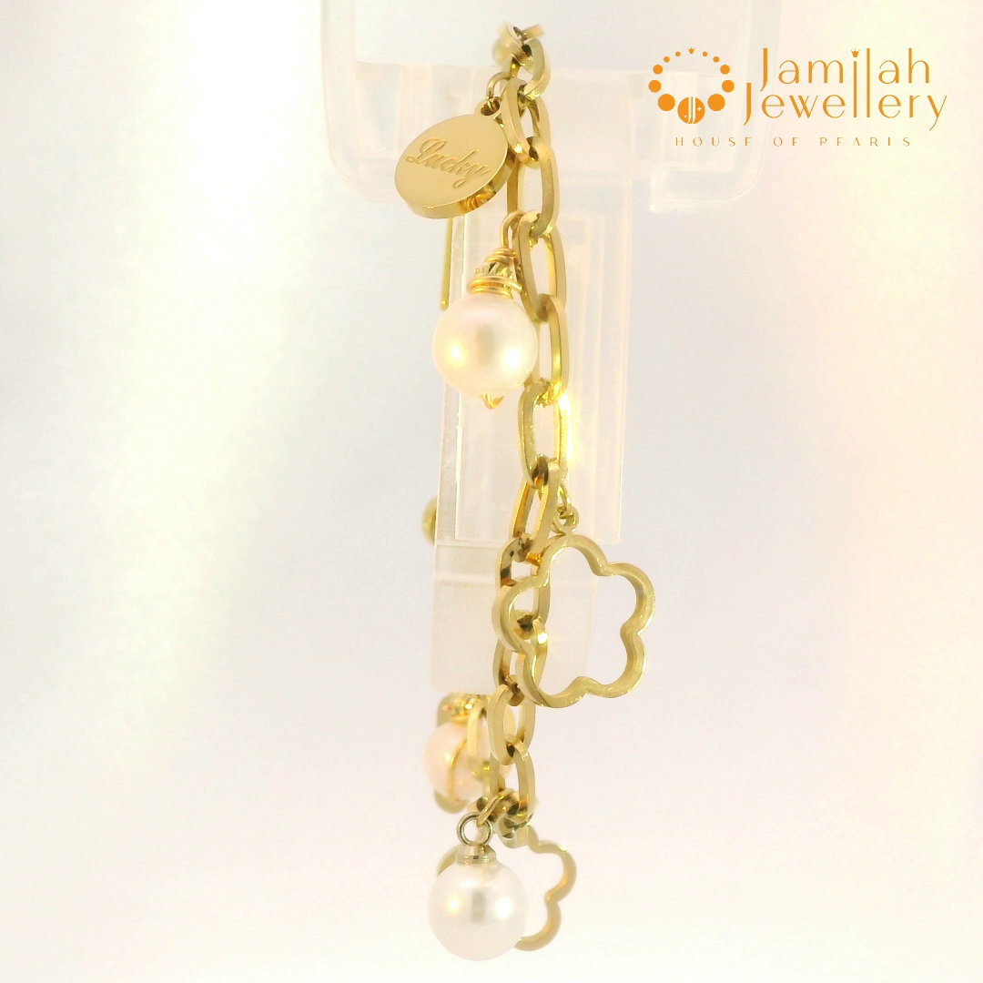 18k Gold Plated Stainless Steel Bracelet with White Pearl—Lucky Charm
