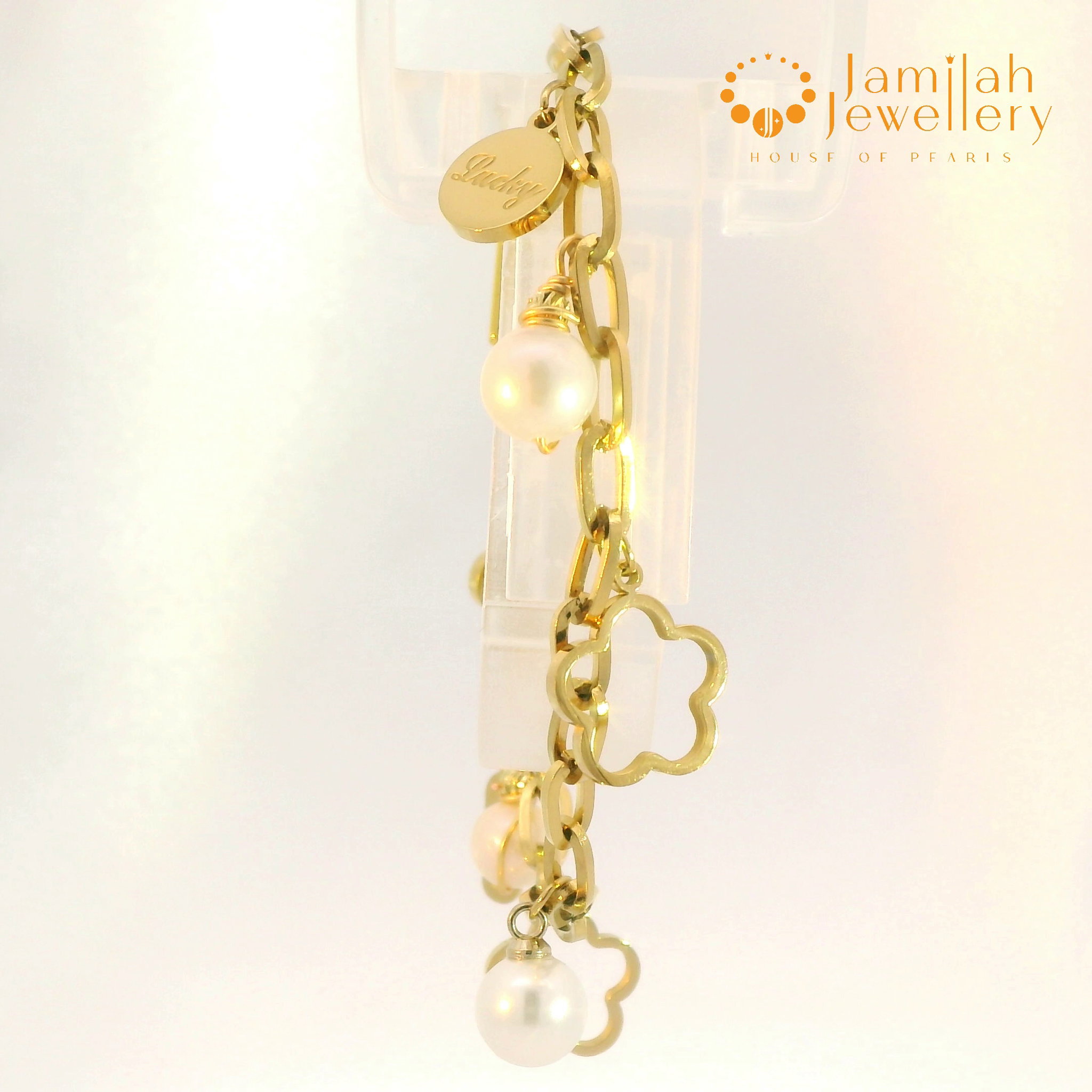 18k Gold Plated Stainless Steel Bracelet with White Pearl—Lucky Charm_0