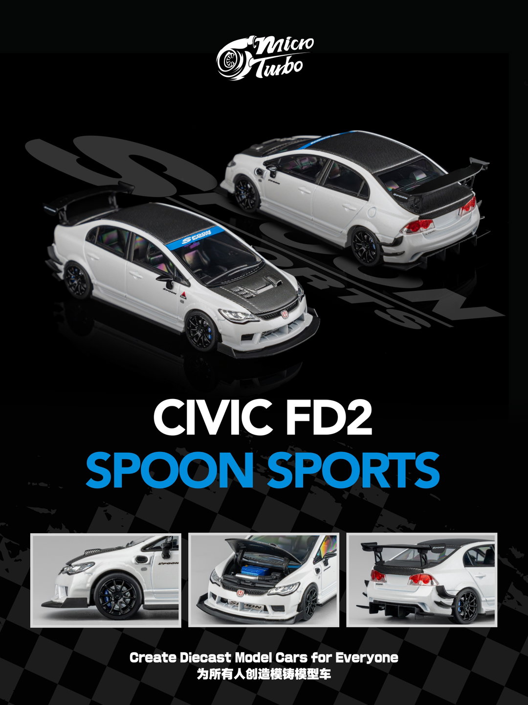 MICRO TURBO MODEL 1/64 HONDA CIVIC FD2 CUSTOM SPOON - METALLIC WHITE
