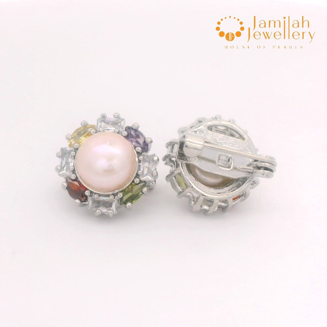 Multicolor Cubic Zirconia Stones Baby Brooch Rhodium Plated Peach Freshwater Pearl