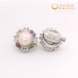 Multicolor Cubic Zirconia Stones Baby Brooch Rhodium Plated Peach Freshwater Pearl 