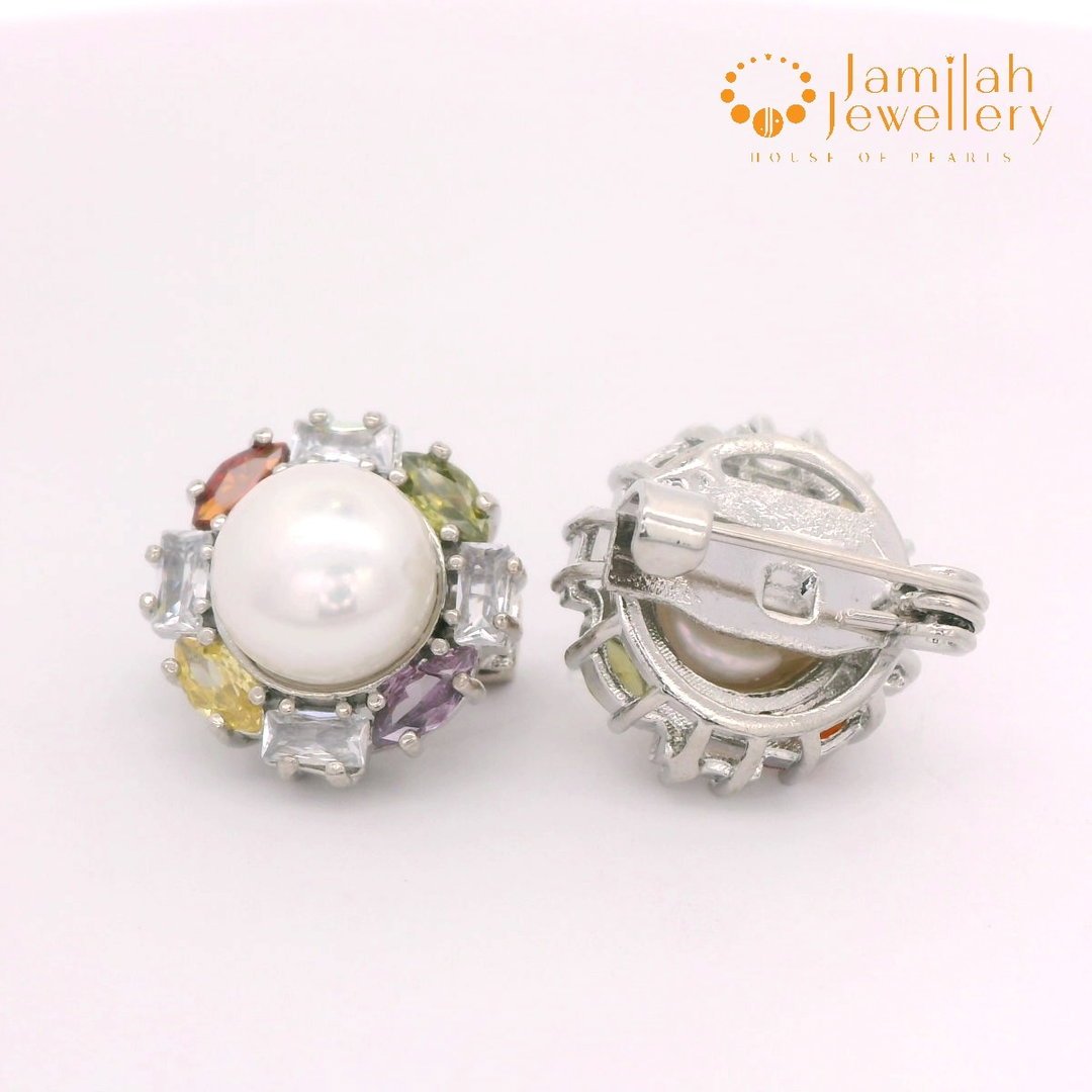 Multicolor Cubic Zirconia Stones Baby Brooch Rhodium Plated White Freshwater Pearl