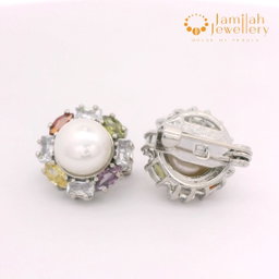 Multicolor Cubic Zirconia Stones Baby Brooch Rhodium Plated White Freshwater Pearl 