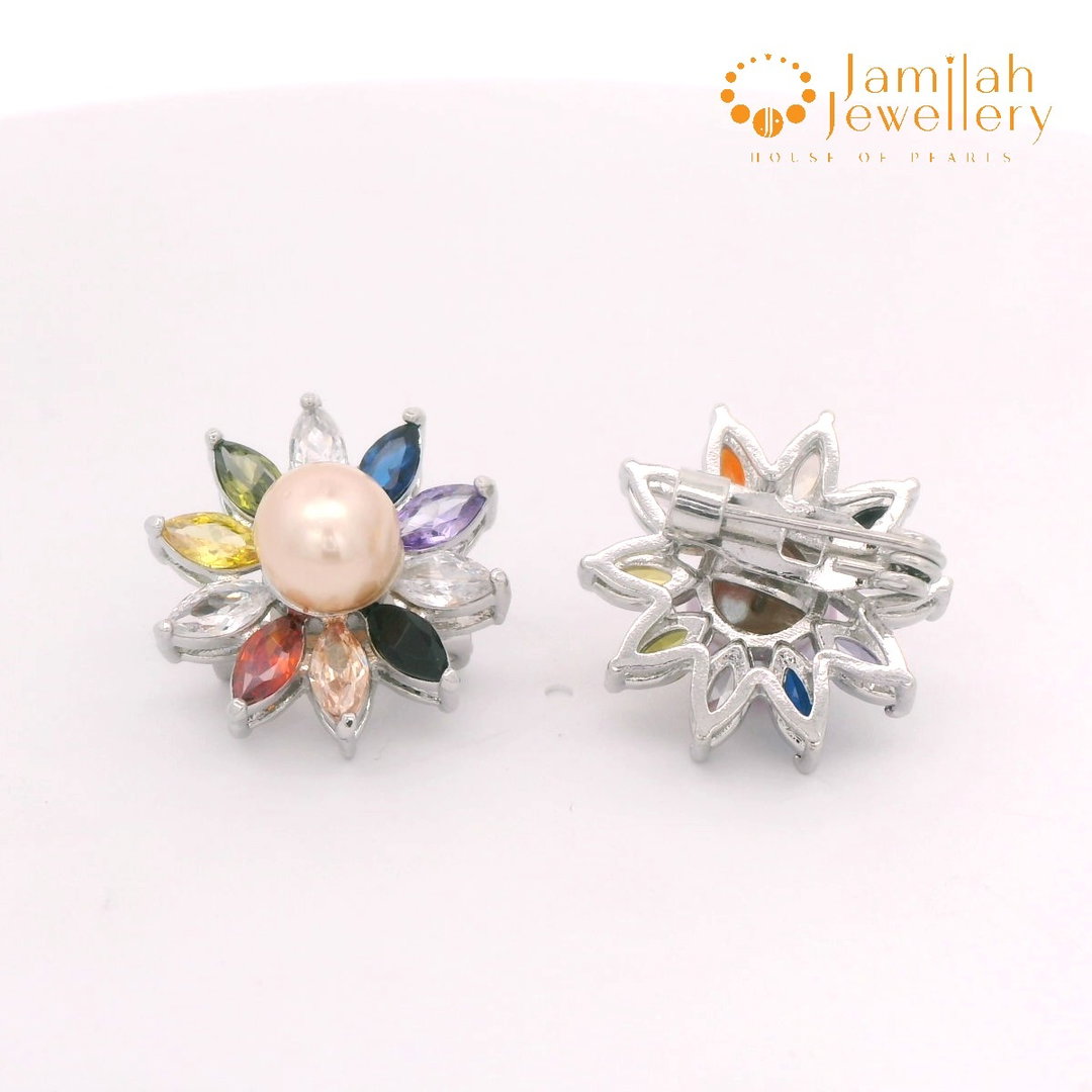 Colorful Floral Cubic Zirconia Stone and Peach Freshwater Pearl Brooch