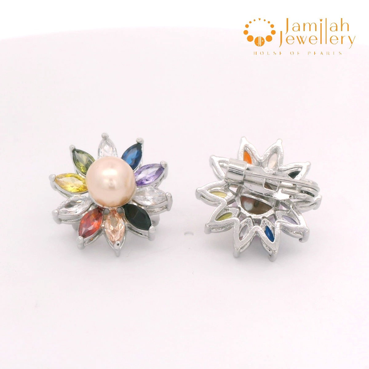 Colorful Floral Cubic Zirconia Stone and Peach Freshwater Pearl Brooch_0