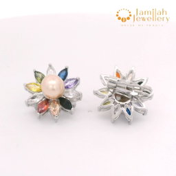Colorful Floral Cubic Zirconia Stone and Peach Freshwater Pearl Brooch