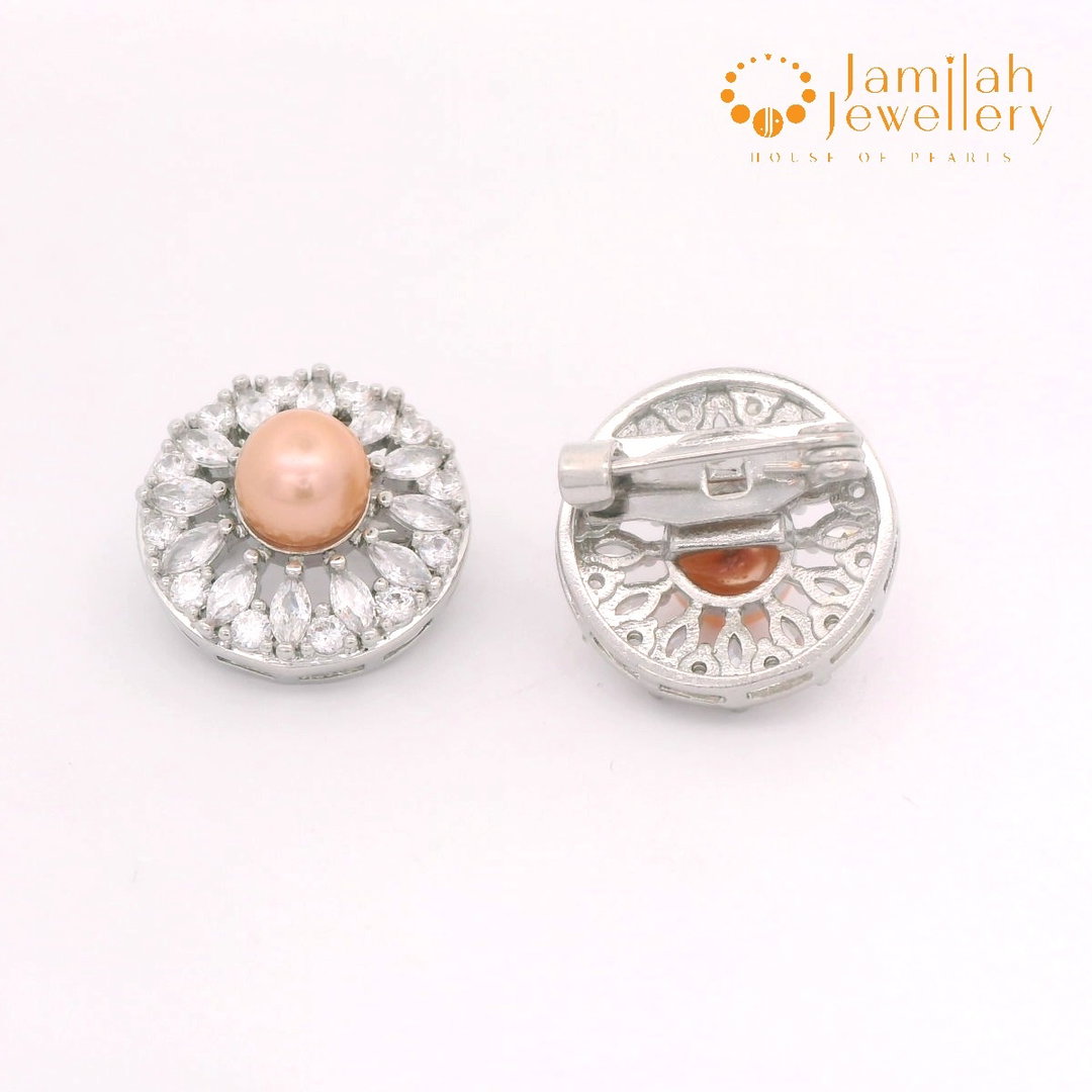 Multicut White Cubic Zirconia Baby Brooch Rhodium Plated Peach Freshwater Pearl