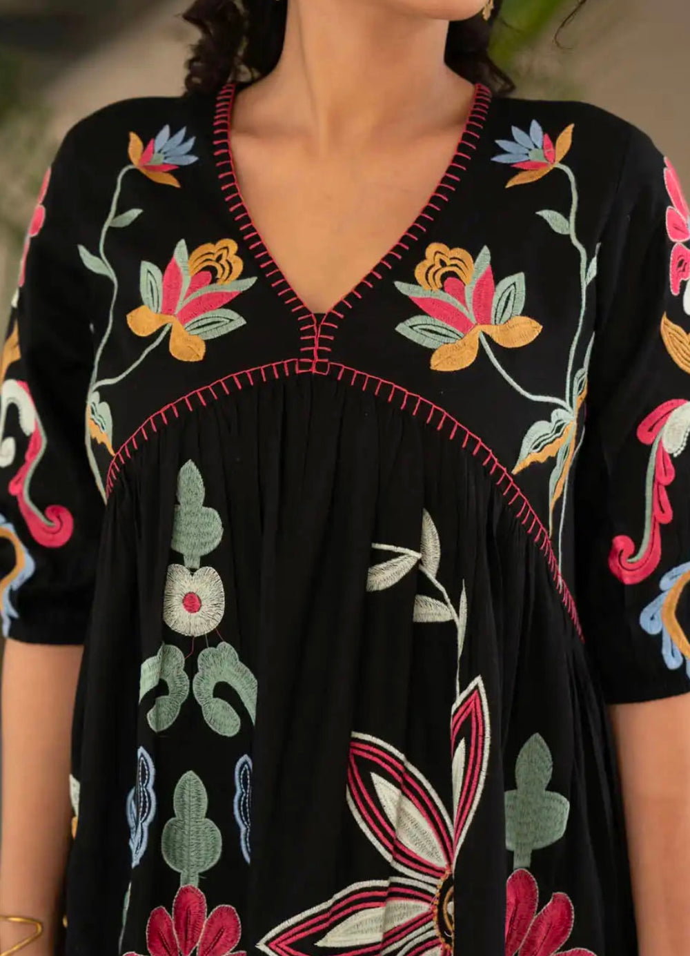 CBOHO EMBROIDERED BLACK COTTON SHORT DRESS
