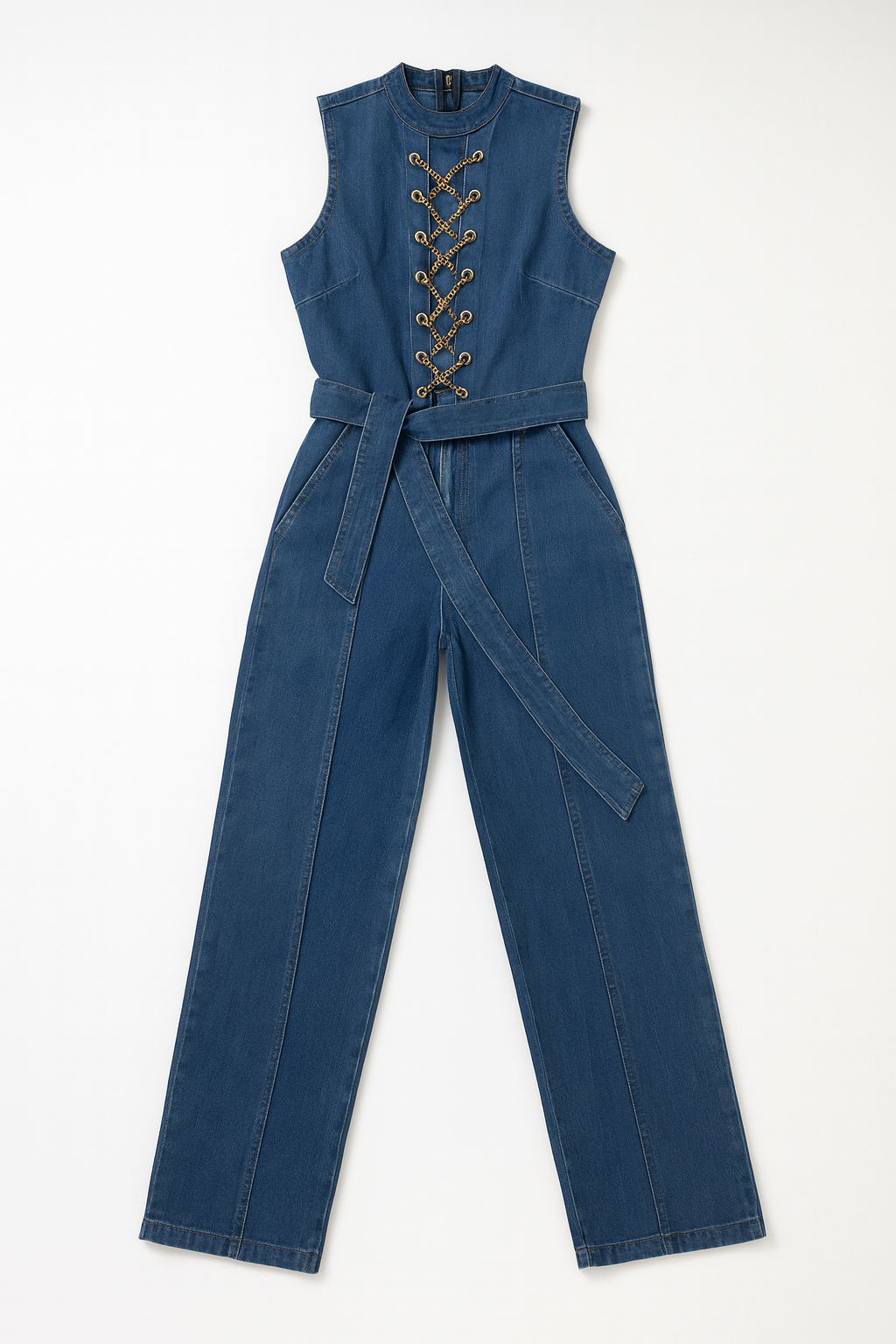 Enterizo denim con cordones frontales y cinturón - Size XL